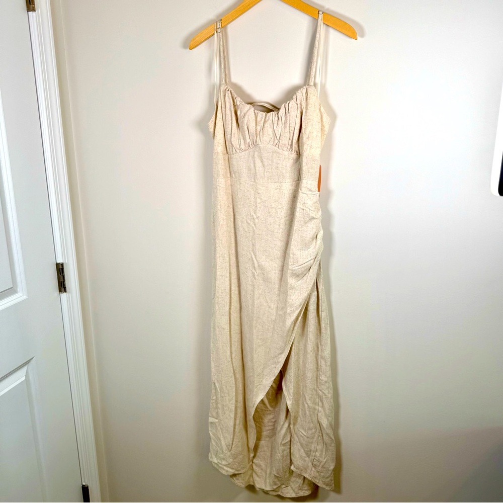 Blashe Linen‎ Blend Smocked Open Tie Back Flowy Summer Midi Dress Large Tan NWT